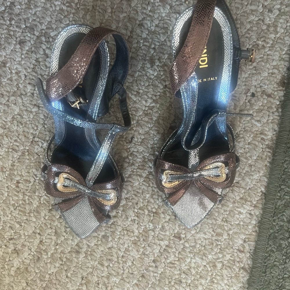 Fendi Silver and Brown Heeled Sandals